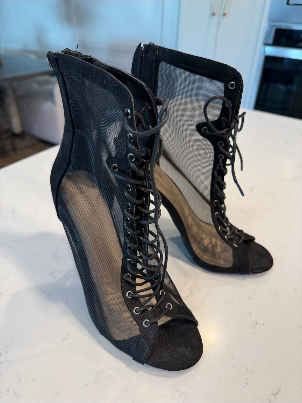 Wild Diva Black Lace-Up Mesh Peep Toe Heels
